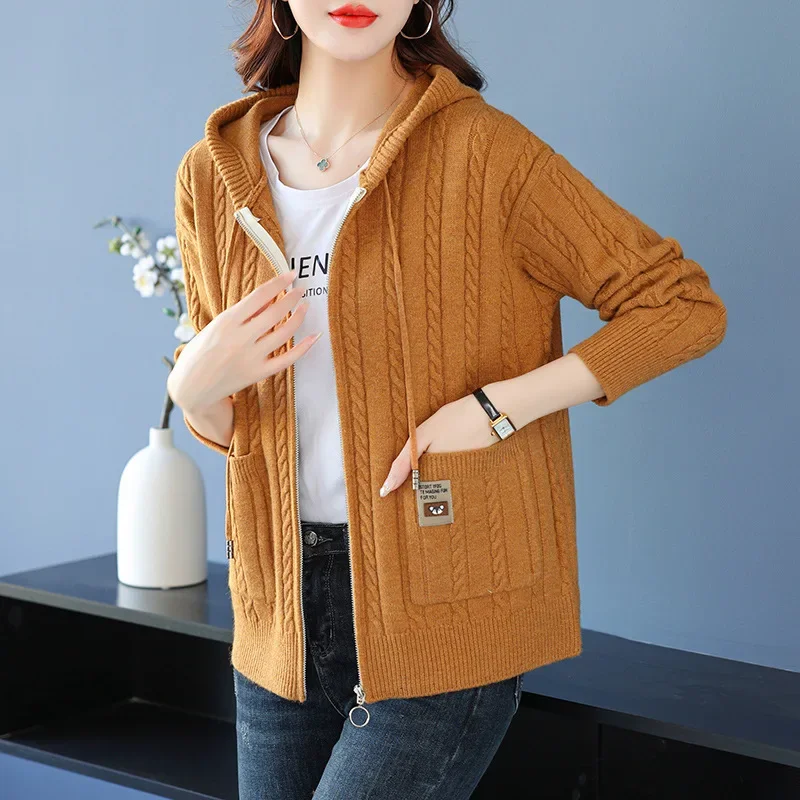 New 2024 Fashion Korean Cardigan Sweater Jacket Women Hooded Loose zipper Sweater Female Elegant Knitwear Overcoat Tops