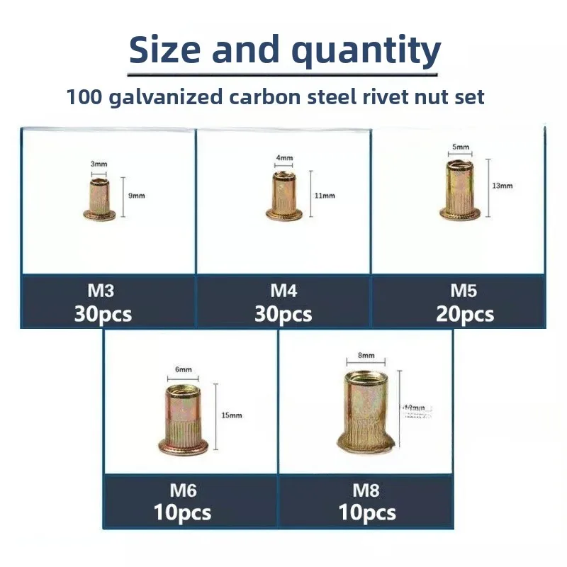 100 قطعة محاصر برأس مسطح عمودي الأخدود المكسرات ، المسامير ، الكربون الصلب اللون-الزنك مطلي برشام أعمى المكسرات M3-M8 مجموعة #2