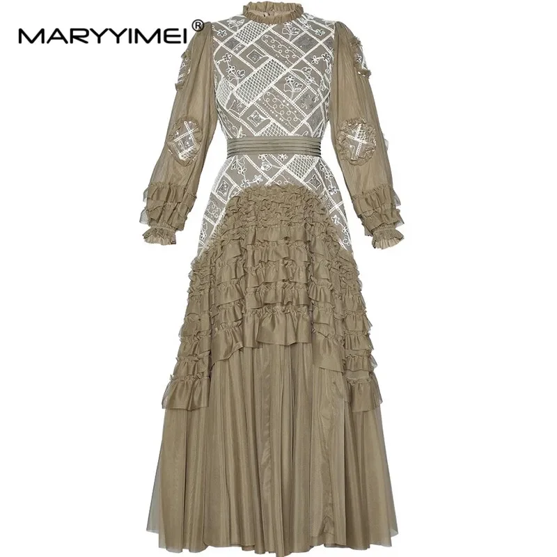 

MARYYIMEI Vintage Elegant Women's Dress Stand collar Long-Sleeved High waist Appliques Sequins Flounced Edge Big Swing Dresses