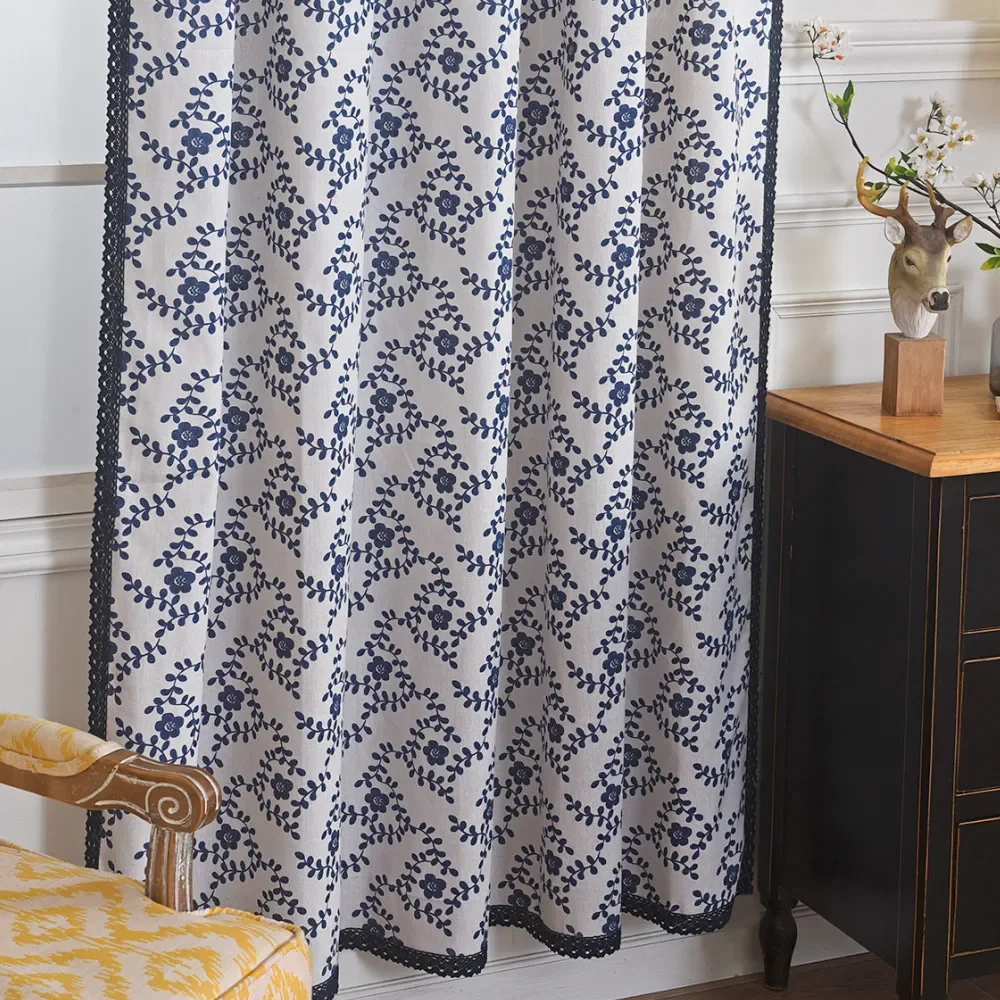 PP1081Blue plum cotton and linen kitchen curtains with floral print bay window semi-blackout short curtains