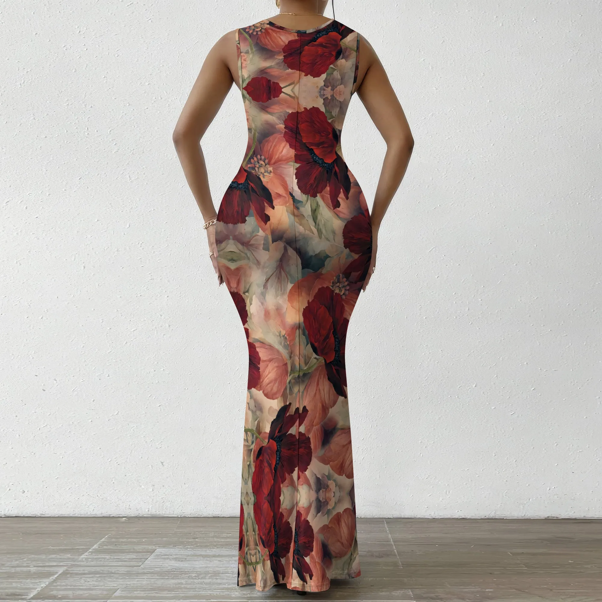 Vestido largo sin mangas con cuello en V para mujer Vestido de fiesta de noche elegante con estampado floral rosa vintage rojo