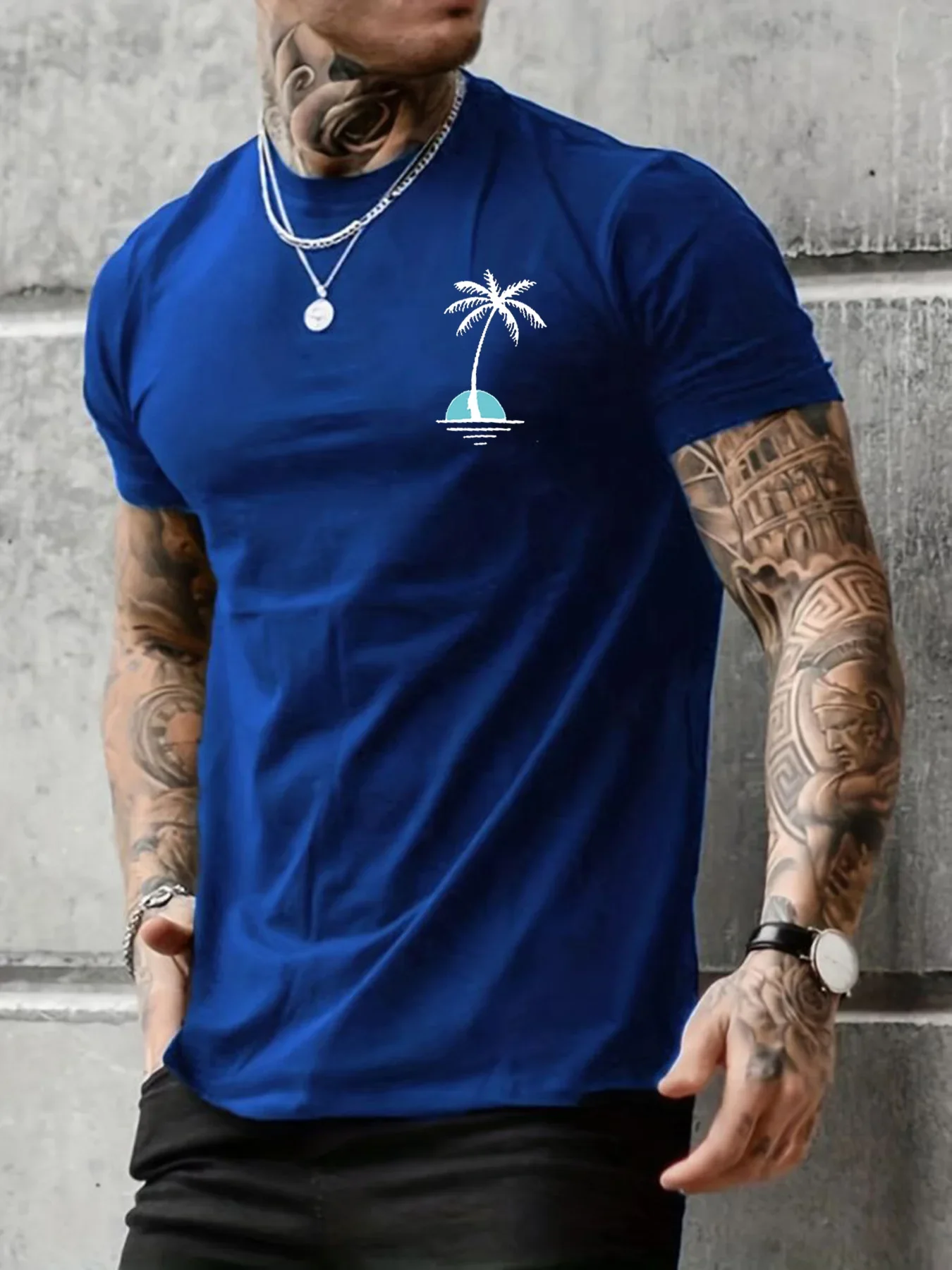 Pop Men's Summer Casual Loose Size Style Cotton Coconut Trees Print Round Neck Short Sleeve T-shirt Top
