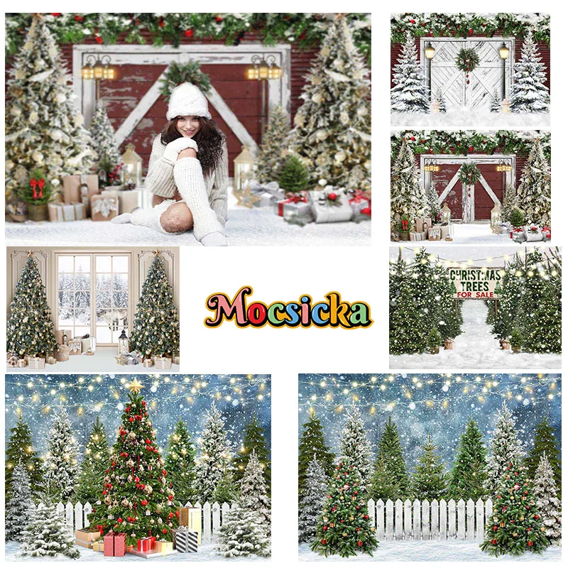 

Mocsicka Photography Backgrounds Wooden Door Gifts Christmas Tree Snowy Happy New Year Party Kids Portraits Cake Smash Studio