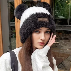 Cute Panda Ears Plush Knitted Hat for Women Autumn and Winter New Student Ear Protection Hat Thickened Warm Woolen Hat