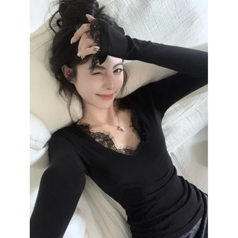 Fleece Lined Slim Fit Long Sleeve Women's Base Shirt Lace Detailing Inner Wear T-Shirt Early Autumn Spicy Girl Top