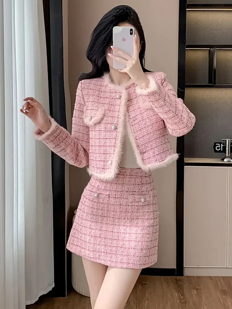 

2024 Осень Зима Новый Маленький Аромат Твидовый Комплект из 2 предметов Женский Наряд Корейский Милый Шикарный Комплект Юбки Розовый Элегантный Костюм Из Двойка