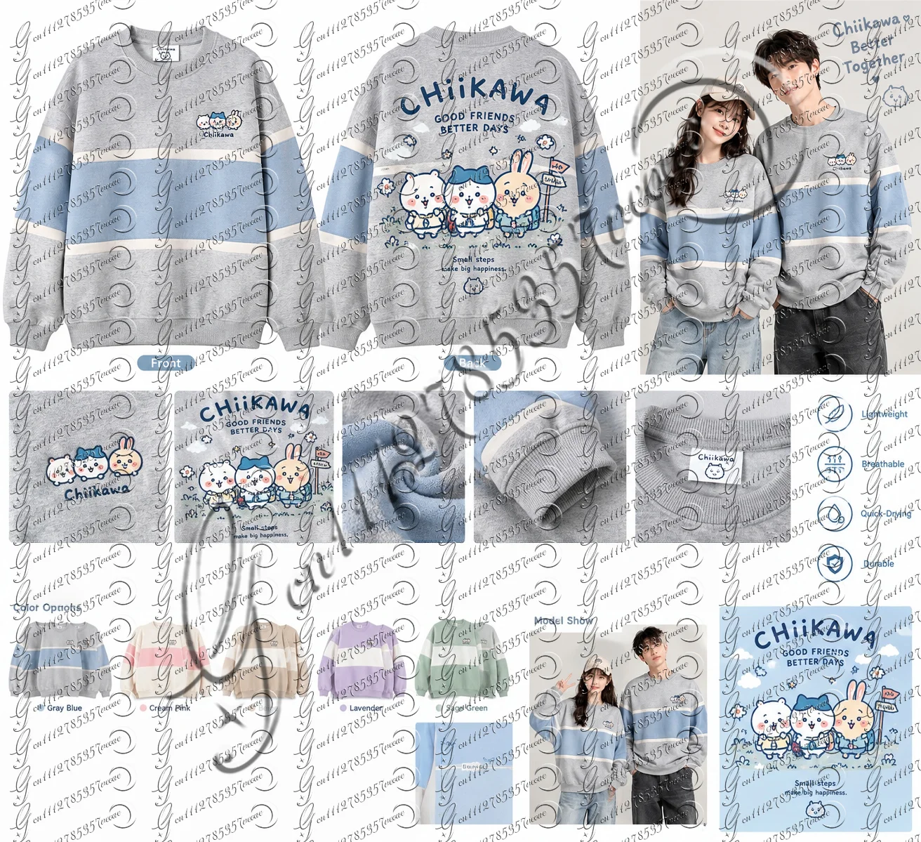 Chiikawa Kawaii Cartoon Sweatshirt Color Block Striped Double Sided Graphic Print Crew Neck Pullover Unisex Casual Tops