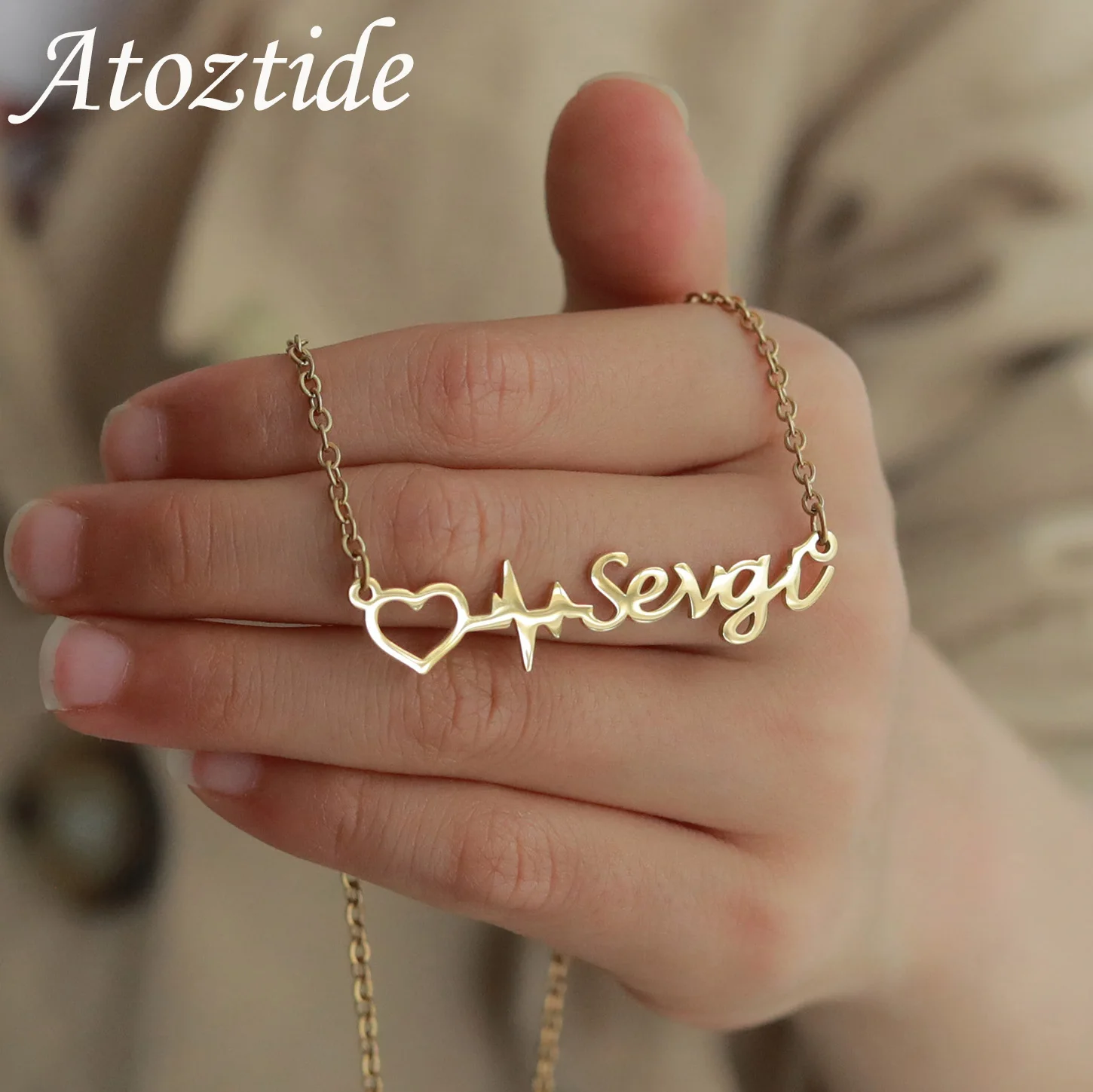 Atoztide Personalized Custom Name Necklace Stainless Steel for Women Men Heartbeat Pendant Link Chain Birthday Jewelry Gift