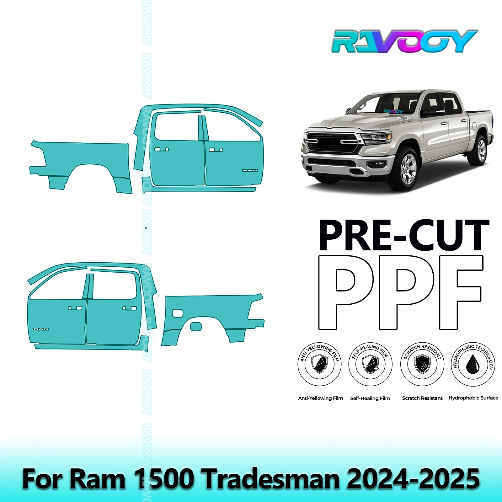 

For Ram 1500 Tradesman 2024-2025 8.5mil Clear Matte Pre-Cut PPF Door & A/B Pillar Kit TPU Paint Protection Film Set