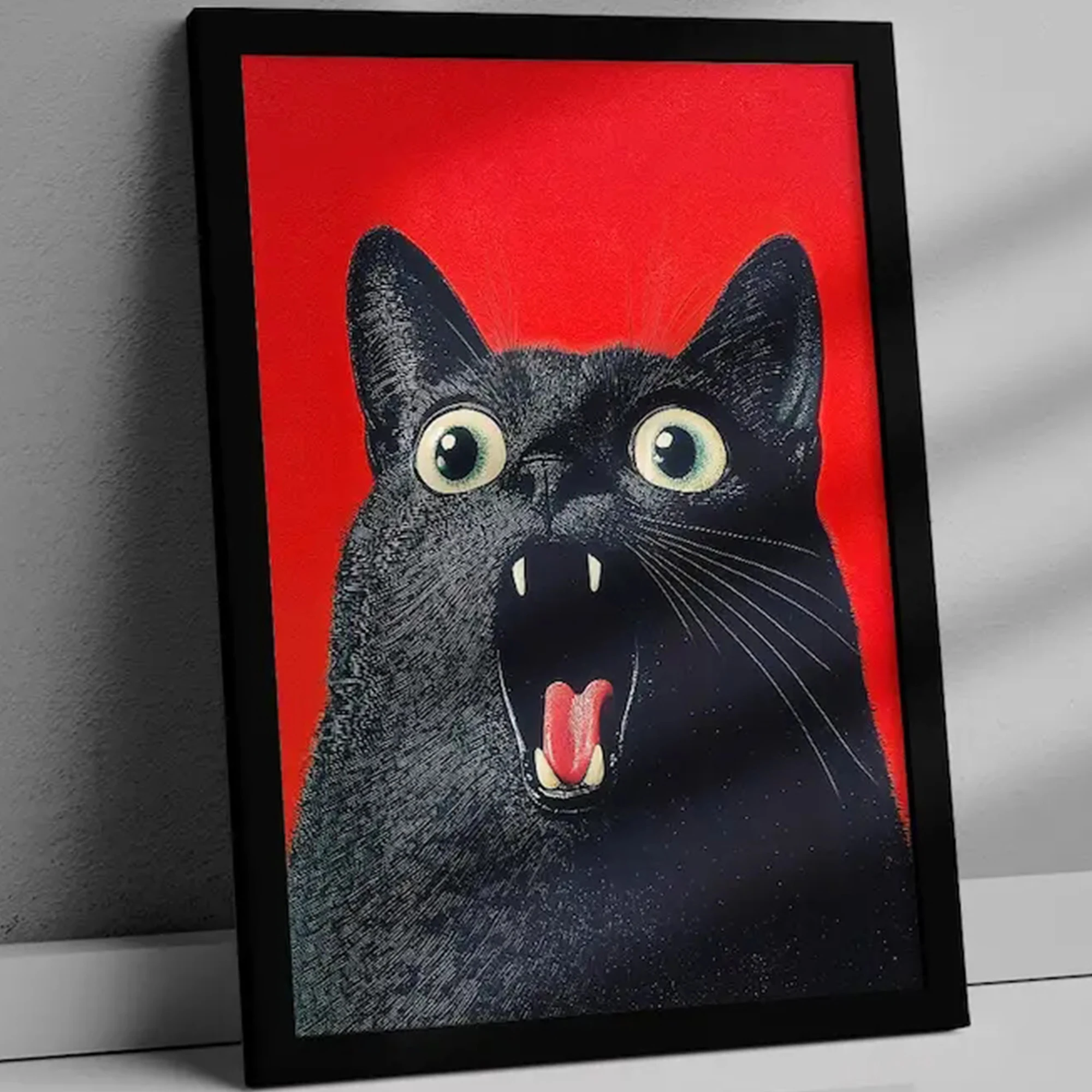 Modern Black Cat With Open Mouth On Red Background Wall Art Print Canvas Painting Poster Picture For Living Room Home Decor
