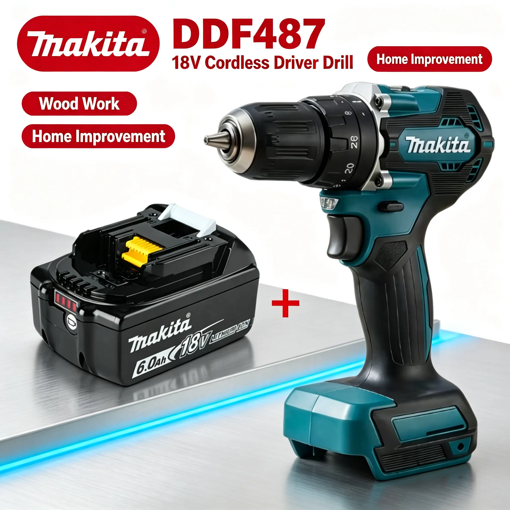 Neuer Makita DDF487 bürstenloser Akku-Bohrschrauber, wiederaufladbarer Elektroschrauber für 18-V-Lithium-Ionen-Akku-Plattform