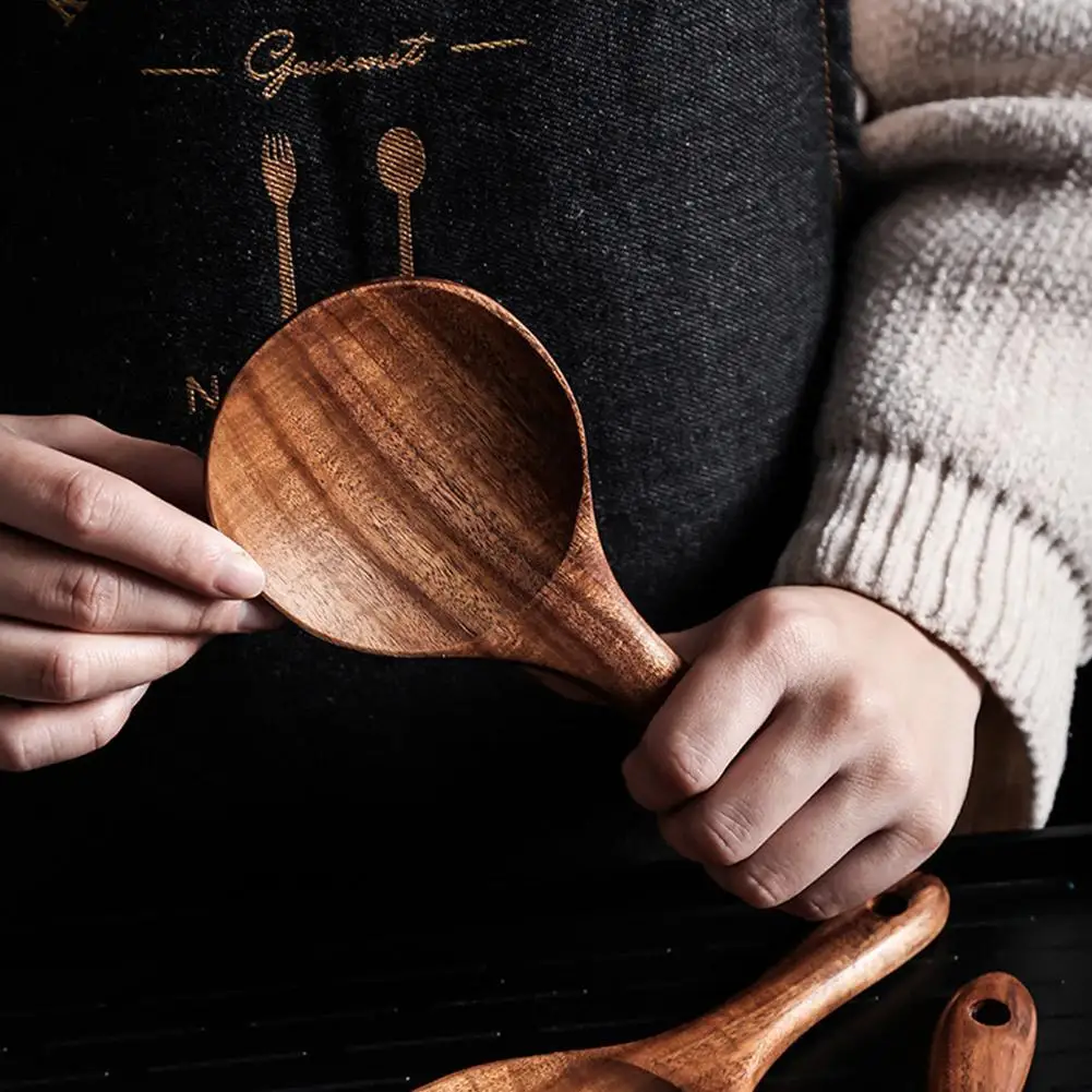 สักธรรมชาติไม้ Tableware ช้อนจัดการไม้ข้าวทัพพีไม้ครัวเครื่องมือทำอาหารช้อนช้อนโต๊ะช้อน Kookgerei