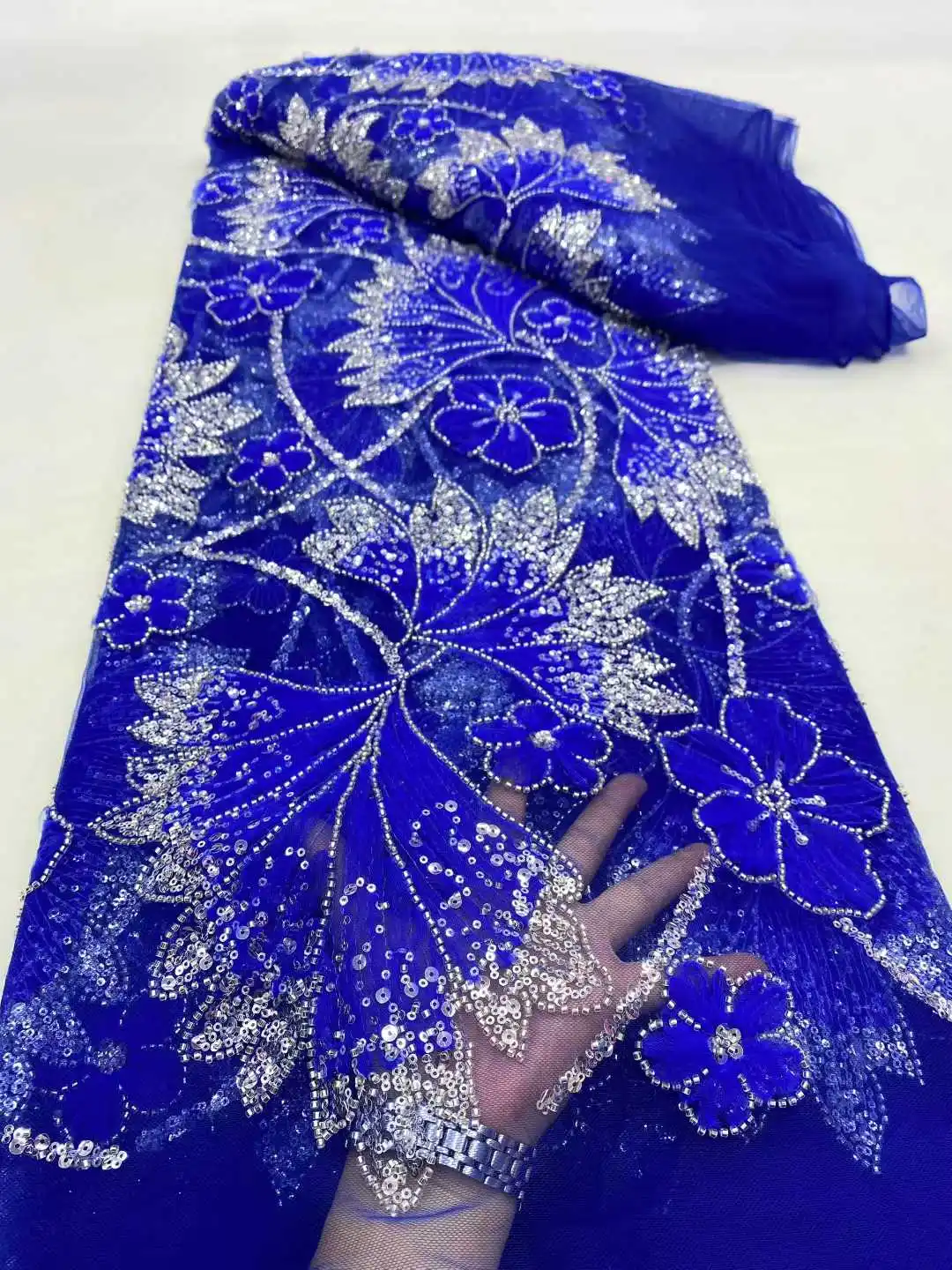 

Blue African Net Lace With Sequins African Lace Fabric High Quality 5 Yards Beaded Nigerian French Tulle Lace Fabric For Wedding
