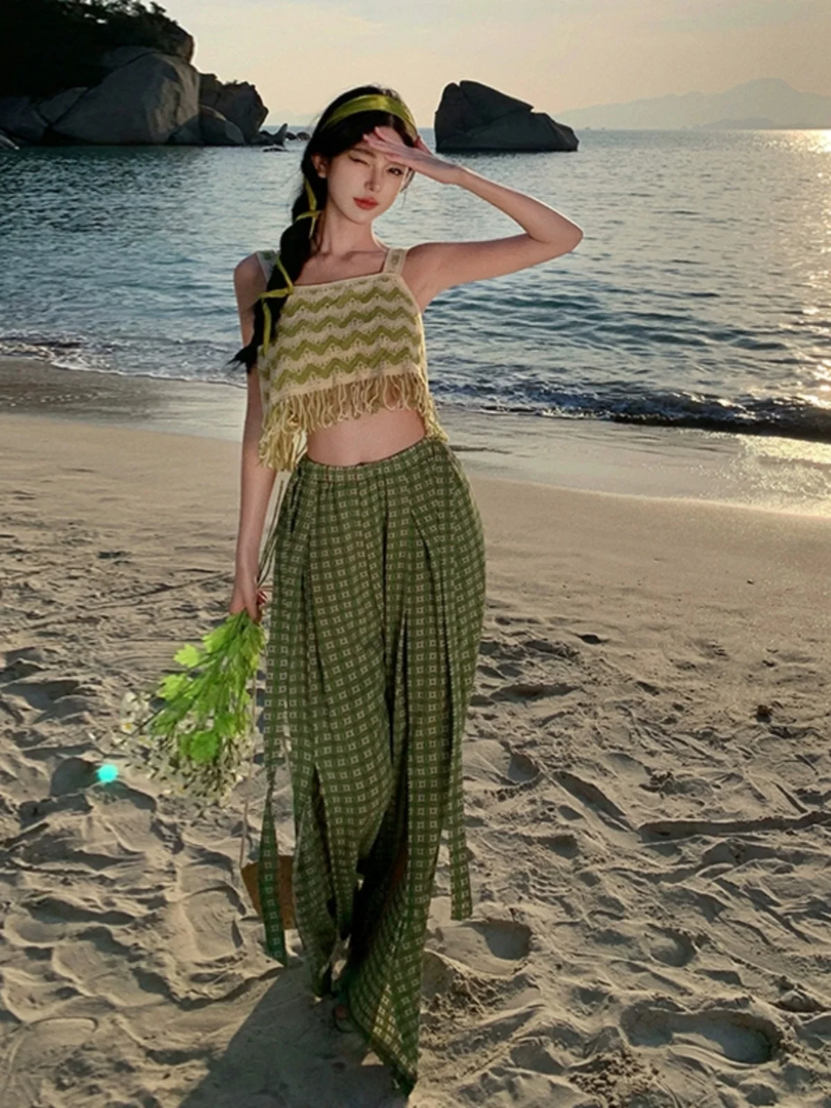 ハイウエストワイドレッグパンツ女性の旅行衣装n Sleシービーチホリデーファイオン非対称ヘムラインシフォンパンツ