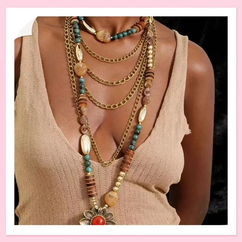 

Оригинальное длинное регулируемое ожерелье ручной работы Gute с бусинами, золотым цветком и подвеской из красной смолы