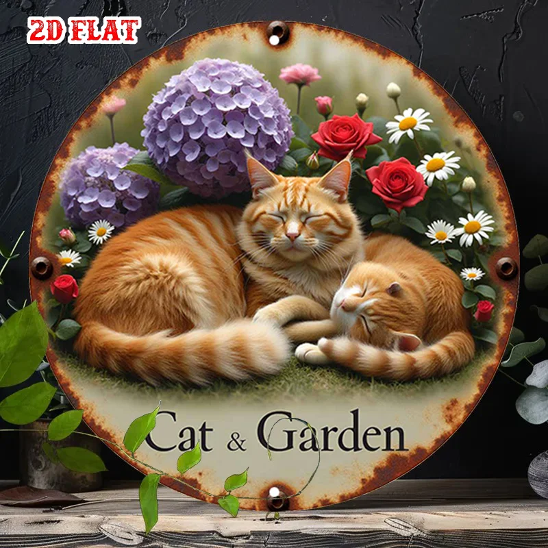 2D Flat, 2D Flat 1pc Whimsical Art Round Aluminum Sign, Sleeping Cats Metal Tin Sign - Rustic Design Rustic Metal Wall Art, Colo
