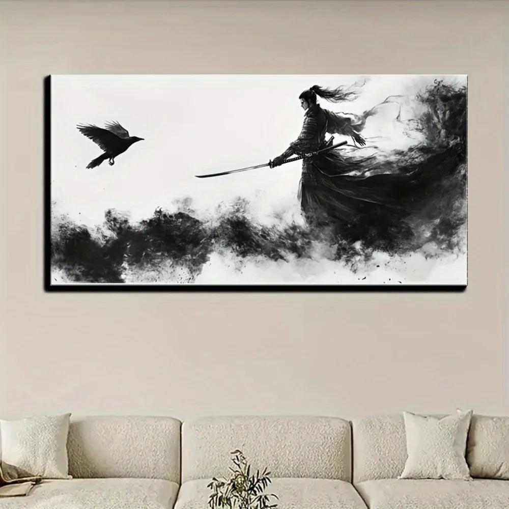 1 لوحة فنية جدارية رائعة على شكل الساموراي الياباني مطبوعة بشكل مذهل باللونين الأبيض والأسود، إطار من خشب الصنوبر الصلب بسمك 1.5 بوصة