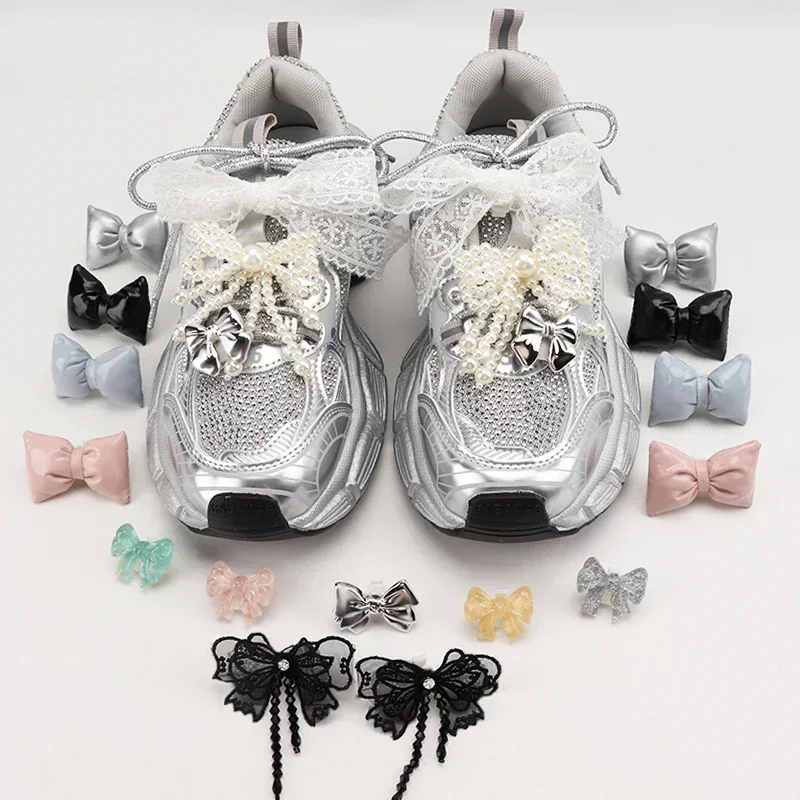 1Pair Buckle Pearl Rhinestone Shoelace Decoration Shoe Accessoriess Fashion Shoes Charms Bowtie Flower Lace Shoelaces for Woman