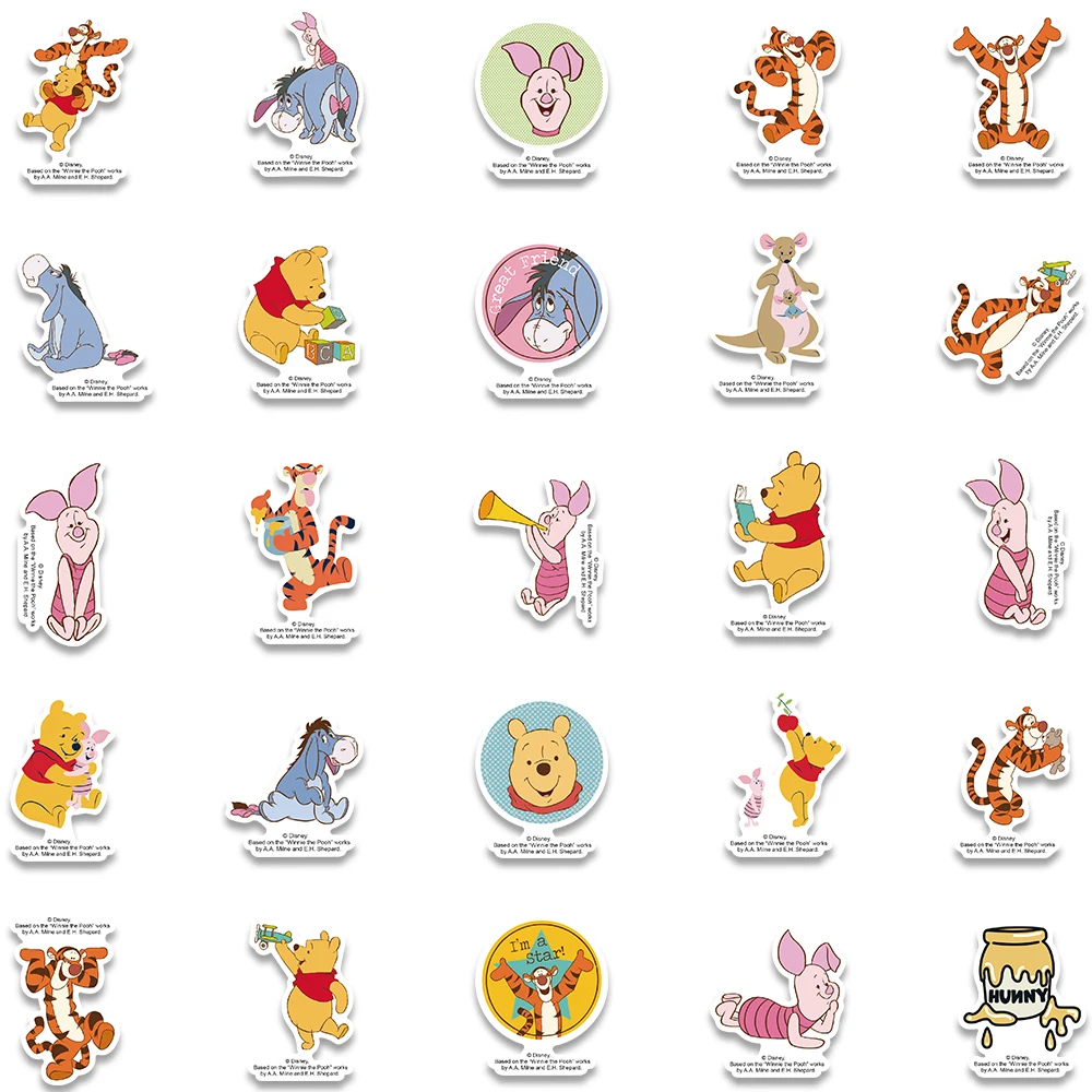 50pcs Disney Pooh Bear Piglet Tigger Stickers Cartoon Graffiti Decals For Laptop Luggage Skateboard Diary Waterproof Sticker