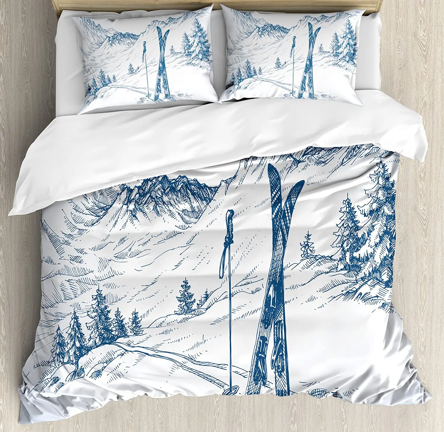 

3pcs Bedding Set White Snow Cable Car Ski Mountain Sketch Duvet Cover Pillow Case Boy Kid Teen Girl Bedding Covers Set