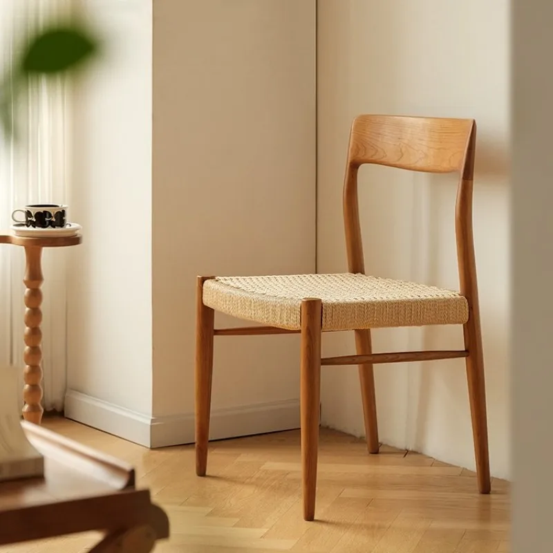 Retro solid wood dining chair, household medieval chair, Euler cherry wood furniture, backrest rattan 71 chair