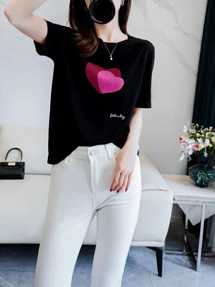 

Combed Color Heart Print Design ort Sve T-irt Pure Cotton round Ne Skin-friendly oulder Top for Women Commute Sle