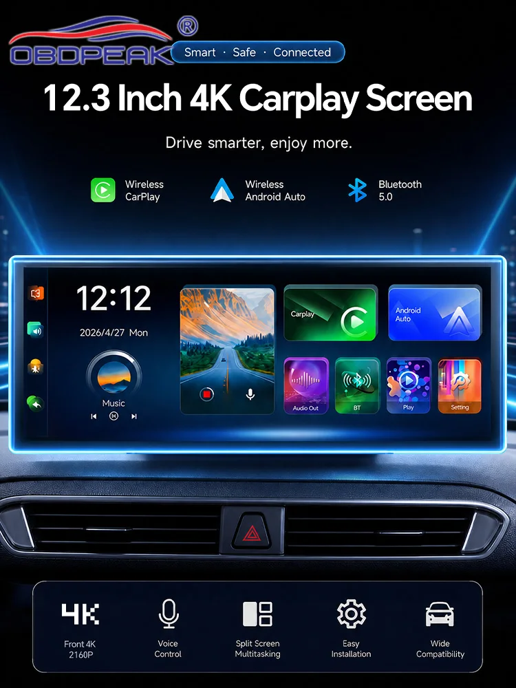 OBDPEAK K9 Max 12,3 Zoll 4K Dashcam Kabelloses CarPlay & Android Auto GPS-Navigation Touchscreen Auto-DVR-Kamera Videoaufzeichnung