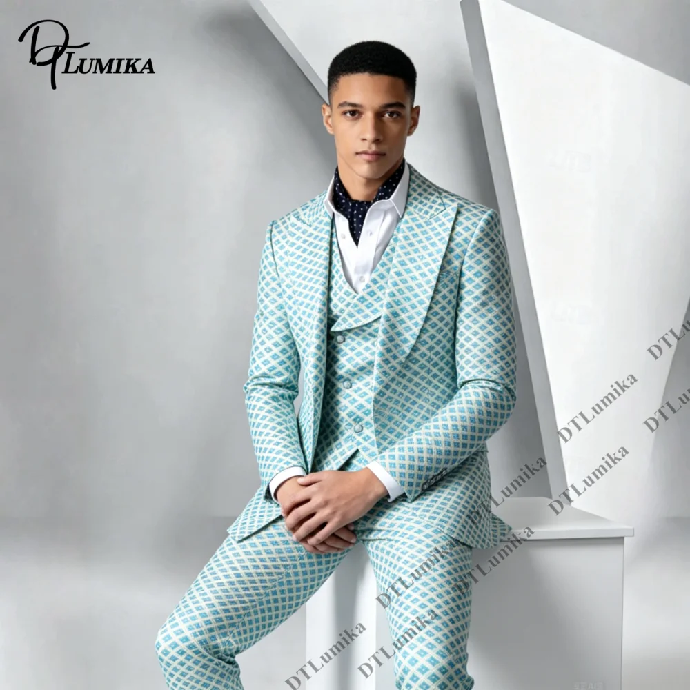 Men Suit 3 Pieces Geometric Pattern Blazer Waistcoat Pants Peak Lapel Formal Outfit Wedding Groom Prom Party Business Evening