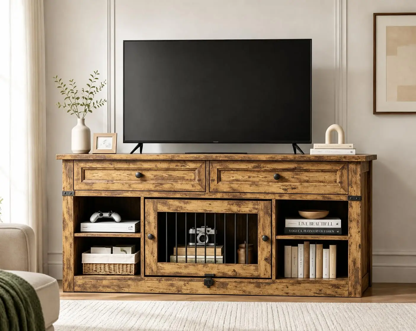 Farmhouse TV Stand 65 Inch Entertainment Center 2 Drawers Open Shelves Storage Cubby Living Room Bedroom Retro Brown, Customized