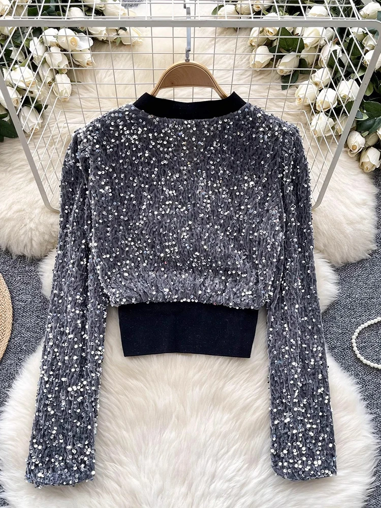 TWOTWINSTYLE Hit Color Spliced Sequines Short Coat For Women V Neck Long Sleeve Tunic Temperament Jacket Female New KJA513173