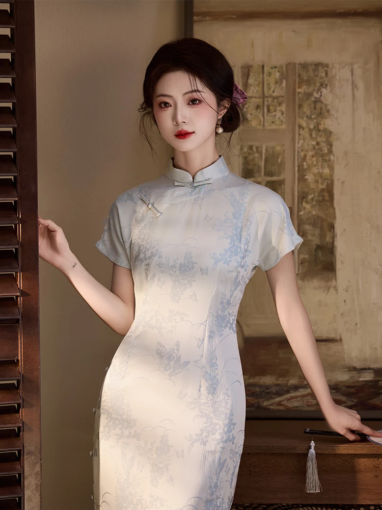

Ele Blue Full-Length Manin Collar Traditional Chinese Dr Vintage Sle Beautiful New Chinese Sle Long Qipao Daily...