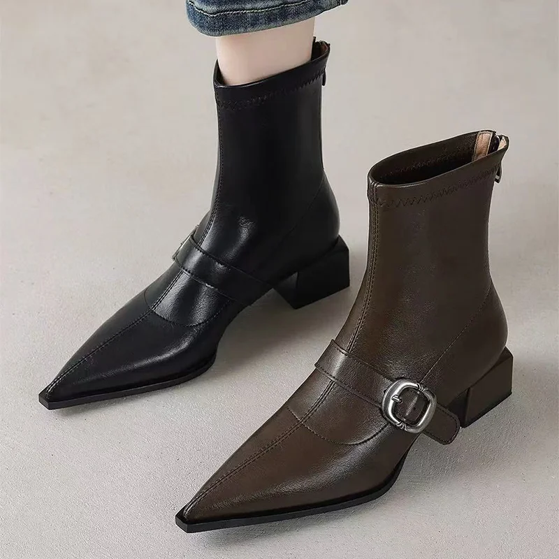 Botki damskie na obcasie ze szpiczastym noskiem, skórzane buty na średnim obcasie, trend zima 2025, gotyckie botki, czółenka, buty do chodzenia, retro Mujer Botas