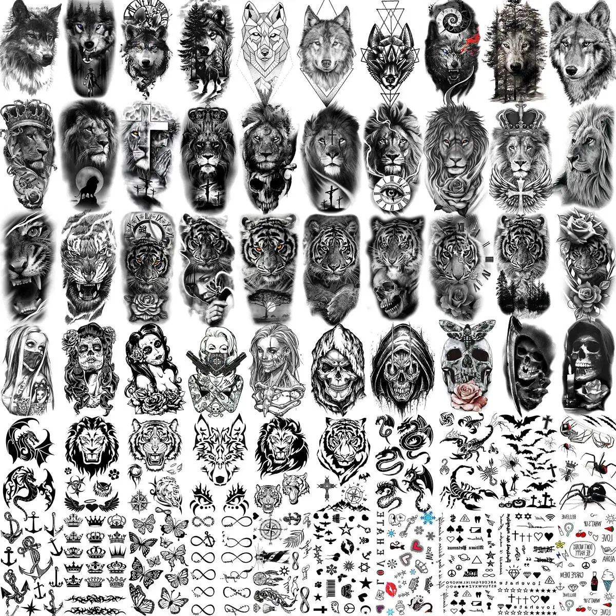

60 Sheets Ferocious Lion Tiger Temporary Tattoos For Men Women Arm Neck Devil Skull Tattoo Black Wolf Dragon Tatoo Small Desgin