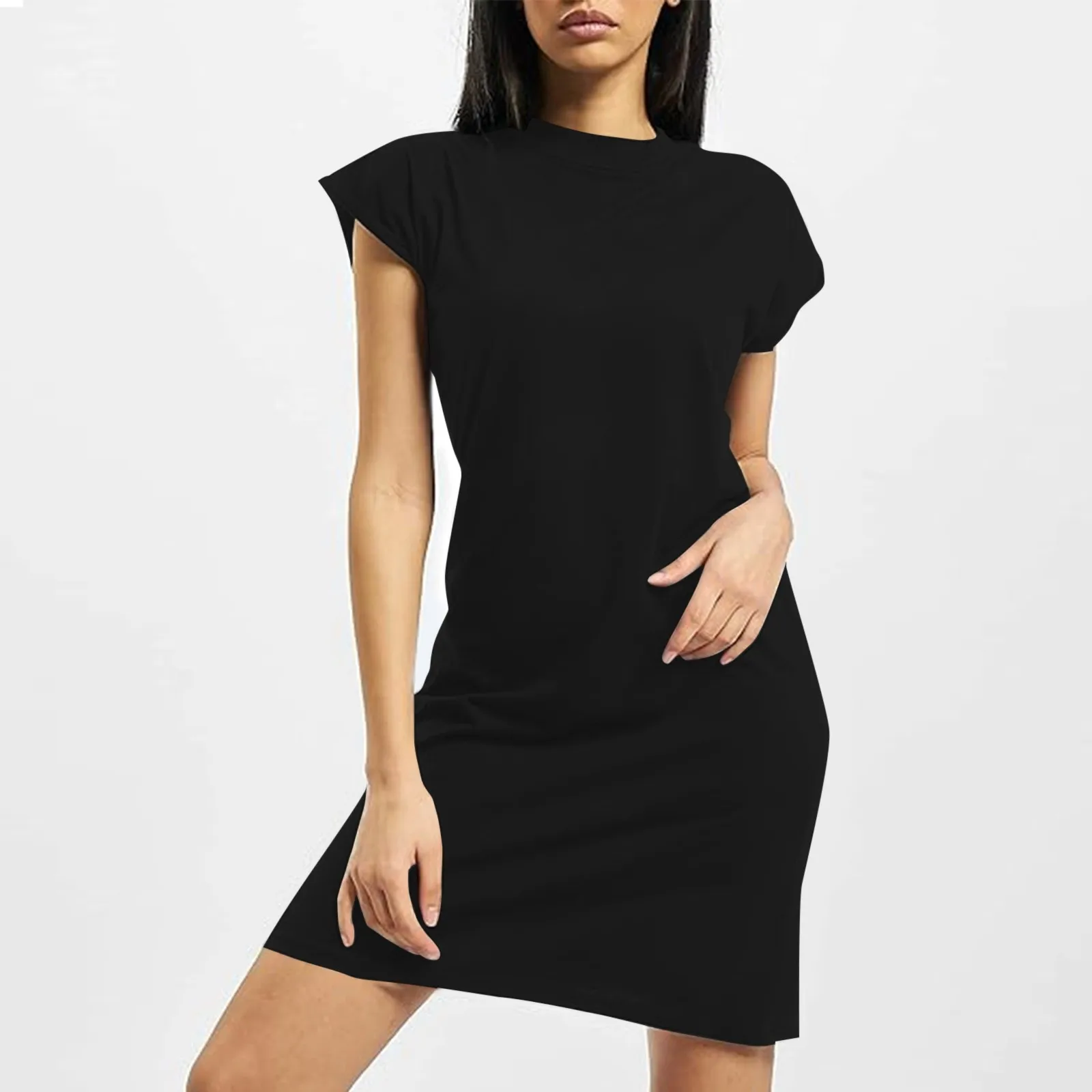 

Elegant Slim Solid Pockets Mini Dress For Women Summer Fashion O-neck Short Sleeve A-line Black Dresses Office Lady Chic Vestido