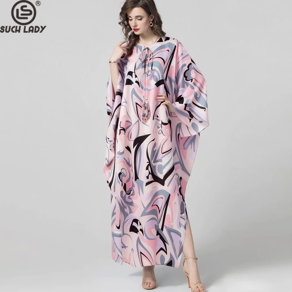 Women's Pink Abstract Print Maxi Dress Lace Up Tassels Boho Beach Fashion Long Robes Outwear