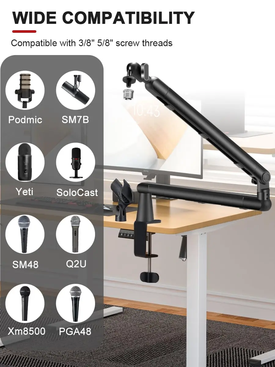 حامل ميكروفون منخفض المستوى مكتب قابل للتعديل بذراع ميكروفون الاستوديو مع عمود رفع قابل للفصل للتسجيل، Tiktok، البث المباشر