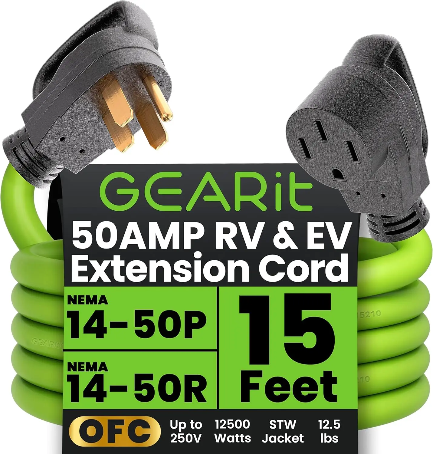 

Удлинитель RV/EV, 50 А, 15 футов, NEMA, от 14-50P до 14-50R, 250 В, водонепроницаемый для улицы, 6/3 + 8/1 STW AWG