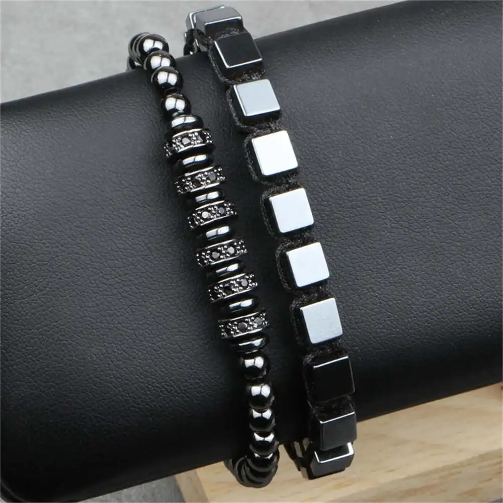 2Pcs Sets Classic Charm Bracelet Men 6MM Square Hematite Stone Beads Hand Made Braiding Black Punk Bracelets Women Jewelry