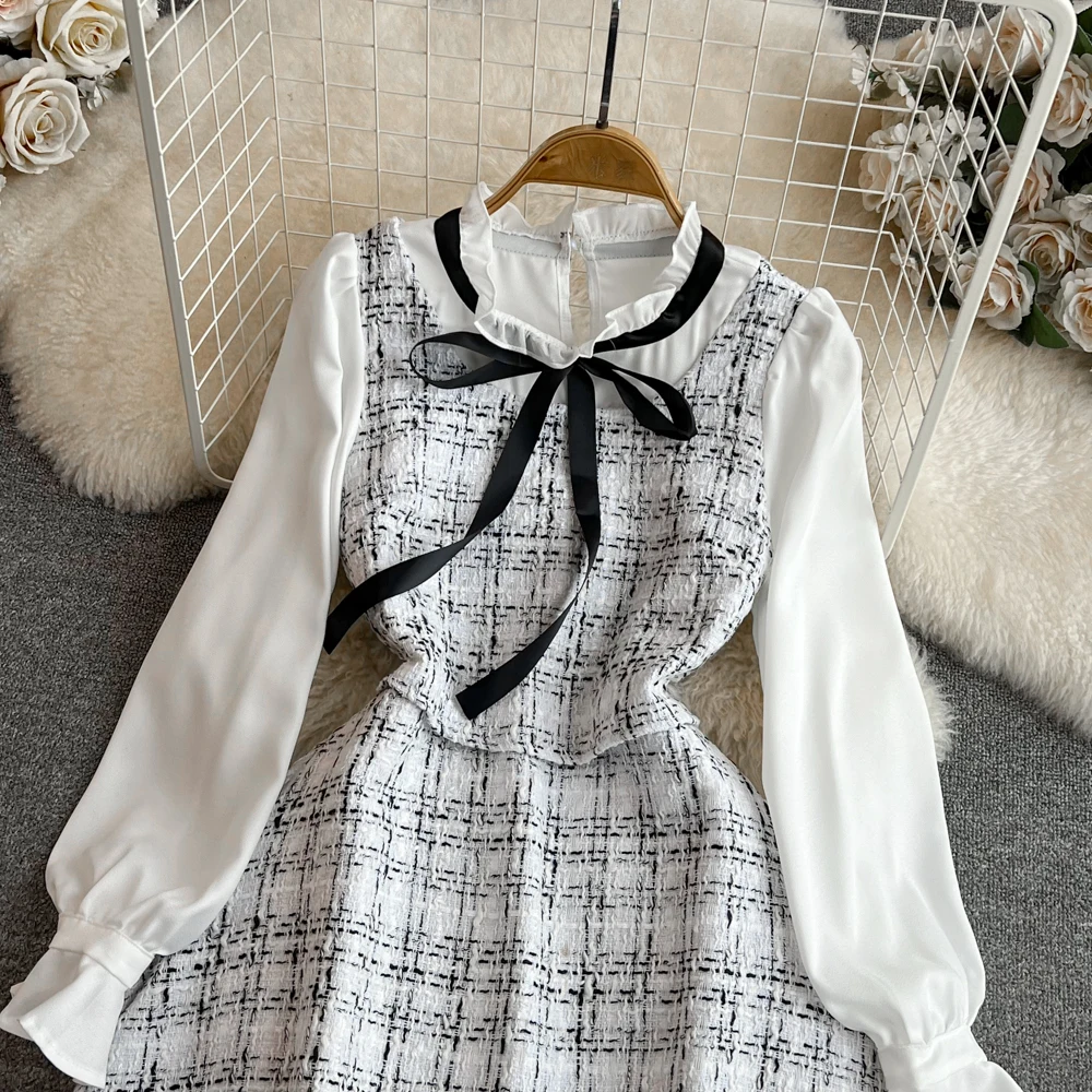 خريف جديد طويل مضيئة الأكمام الشريط القوس أسود أبيض فستان قصير للنساء شيك وهمية قطعتين المرقعة قصيرة أنيقة ألف خط فستان