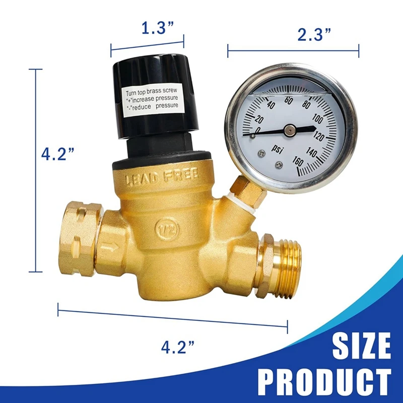 RV Water Pressure Regulator, Adjustable Handle Brass Water Pressure Regulator With Gauge And Inlet Screen Filter For RV