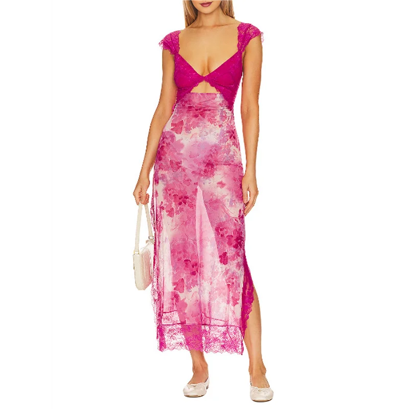 ASDS-Donna Abito lungo in rete patchwork di pizzo Stampa floreale Ritaglio Collo a cuore Spacco senza schienale Abiti lunghi estivi Y2K