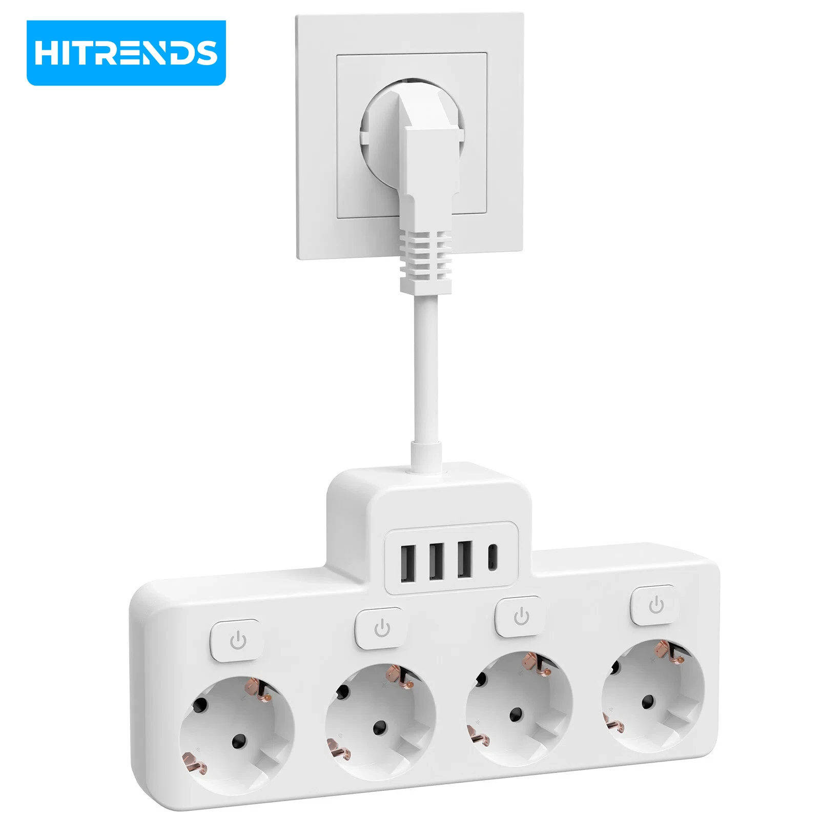 8-in-1 Desktop USB Power Strip with 4 AC Independent Switches, Supports Type-C Fast Charging, Suitable for Home and Travel Use