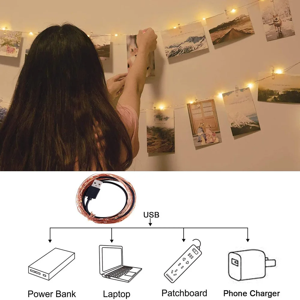 사진 클립 스트링 LED 요정 조명, 그림 클립, USB 전원 스트링 조명, 클립이 있는 침실 크리스마스 파티 장식