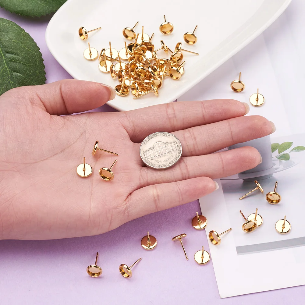 300Pcs 304 Stainless Steel Stud Earring Cabochon Settings Flat Round Golden Color Post Cup For DIY Ear Jewelry Making Findings
