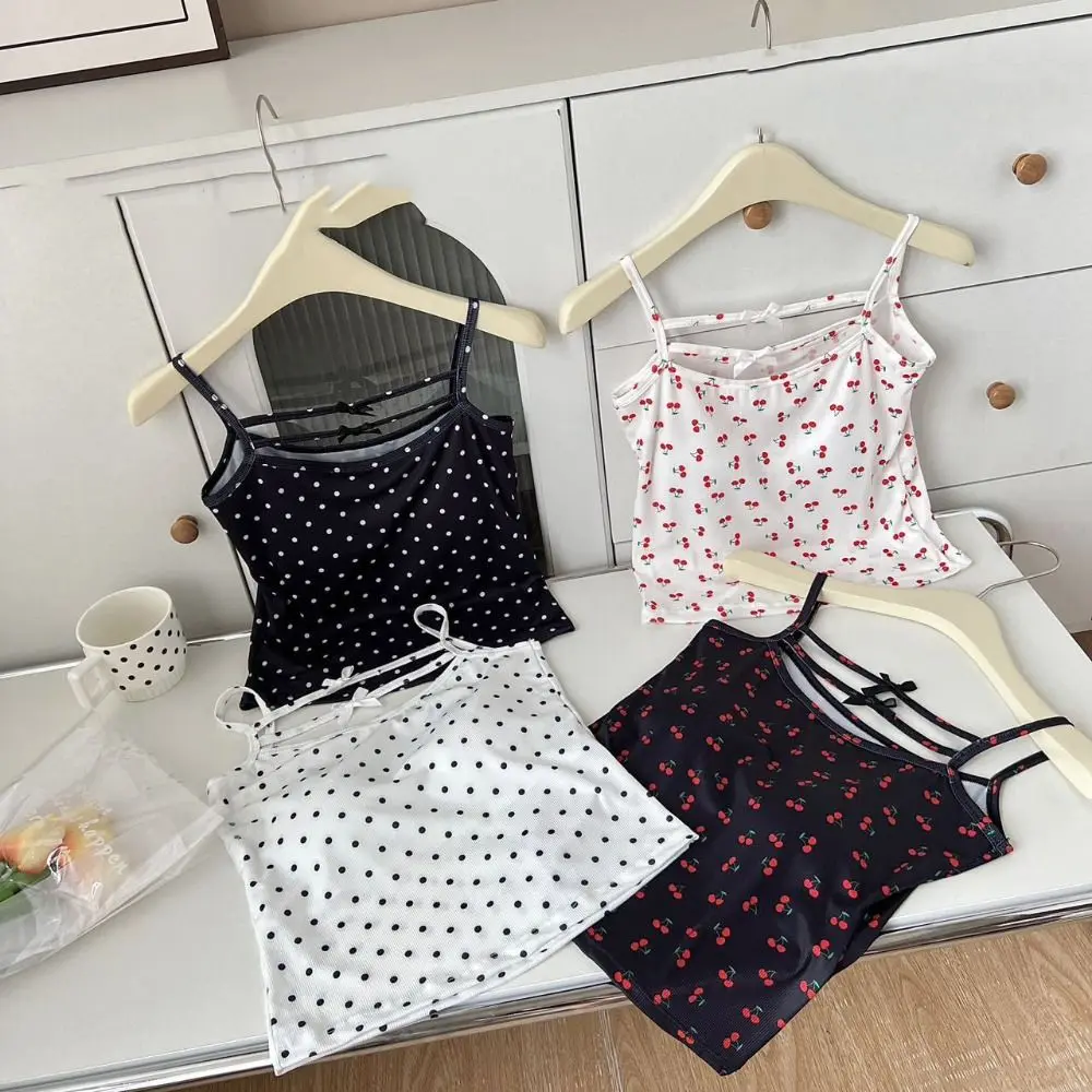 

Soft Dot Cherry Crop Top Sleeveless Slim Fit Bowknot Camisole Korean Style Beachwear Camisole with Pads Lady