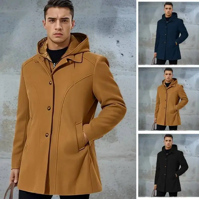 

Men's Woolen With Hat Fake Two-Piece Design Thickened Polyester Fiber Casual All-Season Coat