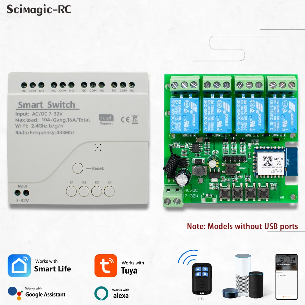 Tuya wifi Relay 4CH Smart Home Switch Module DIY Relay 5V 12V 32V 220V RF 433 Radio Remote Control Work With Alexa Google Home