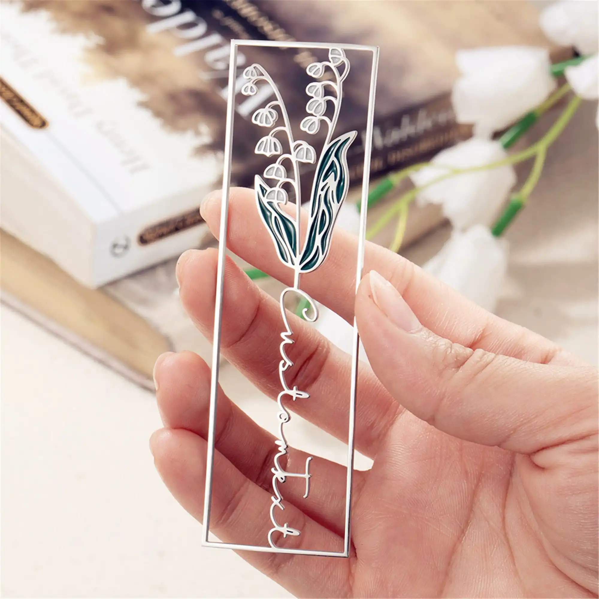 Custom Birthflower Name Bookmark Personalized Colorful Birthday Flower with Name Stainless Steel Bookmark Women Jewelry Memorial