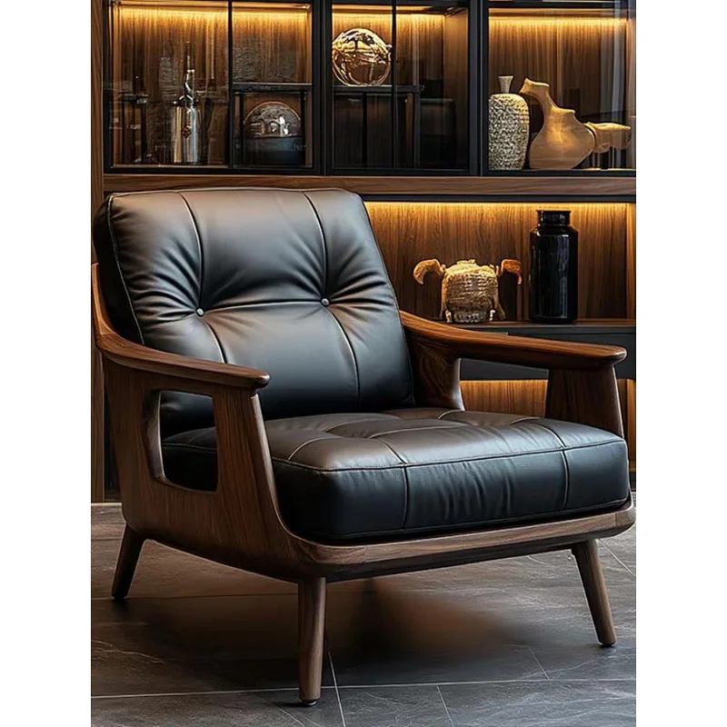 Solid wood leather sofa chair hotel designer new leisure chair single chair high-end