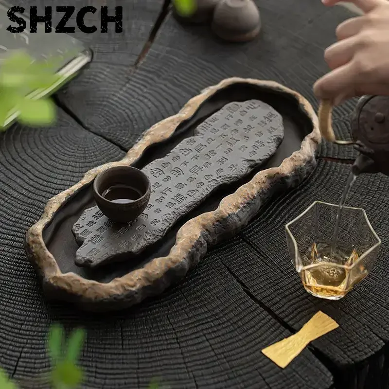 Vintage Tea Tray, Gilded Zen Heart Sutra Tea Tray, Coarse Ceramic Tea Tray, Household Water Storage, High-end Dry Brewed